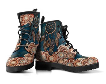 Dark Teal Dreamcatcher Vegan Leather Lace Up Boots | All Season Boot | Handmade Crafted Combat Boot Lace Up Boot | Graphic Shoes, Artistic