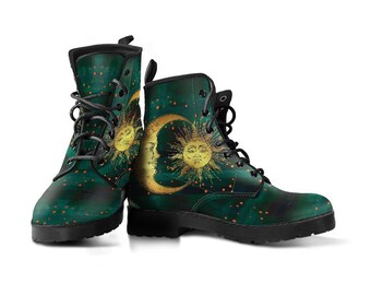 Green Sun And Moon Vegan Leather Lace Up Boots | All Season Boot | Handmade Crafted Combat Boot Lace Up Boot | Graphic Shoes, Artistic