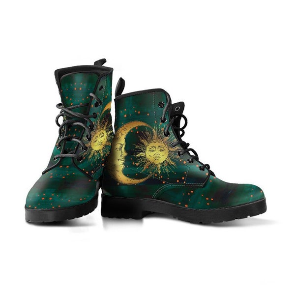 Green Sun And Moon Vegan Leather Lace Up Boots | All Season Boot | Handmade Crafted Combat Boot Lace Up Boot | Graphic Shoes, Artistic