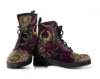 Deep Mood Owl Vegan Leather Lace Up Boots | All Season Boot | Handmade Crafted Combat Boot Lace Up Boot | Graphic Shoes, Artistic