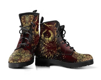 Deep Burgundy Owl Vegan Leather Lace Up Boots | All Season Boot | Handmade Crafted Combat Boot Lace Up Boot | Graphic Shoes, Artistic