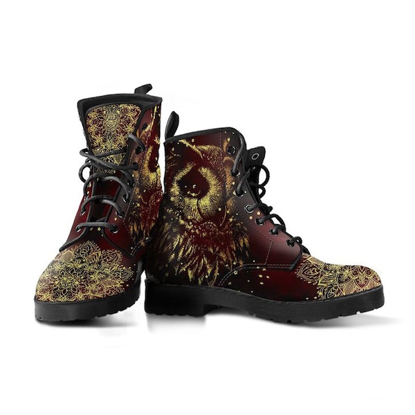 Deep Burgundy Owl Vegan Leather Lace Up Boots | All Season Boot | Handmade Crafted Combat Boot Lace Up Boot | Graphic Shoes, Artistic