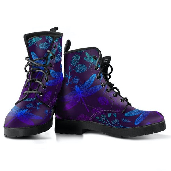 Purples And Blues Dragonfly Vegan Leather Lace Up Boots | All Season Boot | Handmade Crafted Combat Boot Lace Up Boot