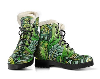 Petrichor Vegan Leather Lace Up Boots with Faux Fur Lining | Graphic Shoes, Artistic