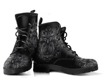 Black Owl Vegan Leather Lace Up Boots | All Season Boot | Handmade Crafted Combat Boot Lace Up Boot | Graphic Shoes, Artistic