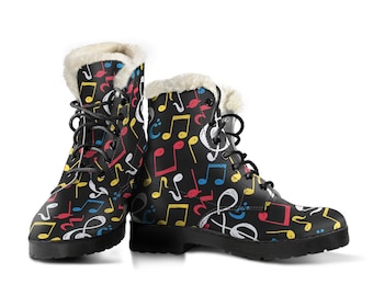 Primary Music Notes Vegan Leather Boots with Faux Fur Lining | Winter Boots | Custom Leather Boots, Handmade Crafted | COMFY, GREAT TRACTION