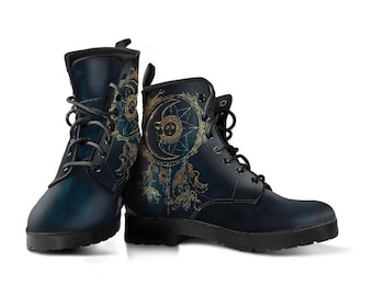 Dunkelblaue Moon Dreamcatcher Schnürstiefel aus veganem Leder | Ganzjahresstiefel | Handgefertigter Kampfstiefel Schnürstiefel