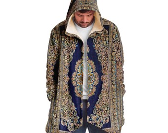 Persian Carpet Cuddle Cloak | Qom | Unisex, Blue and Gold accents | Festival Sherpa Lined Hooded Cloak, Eco-Friendly Ink & Recycled Fabric