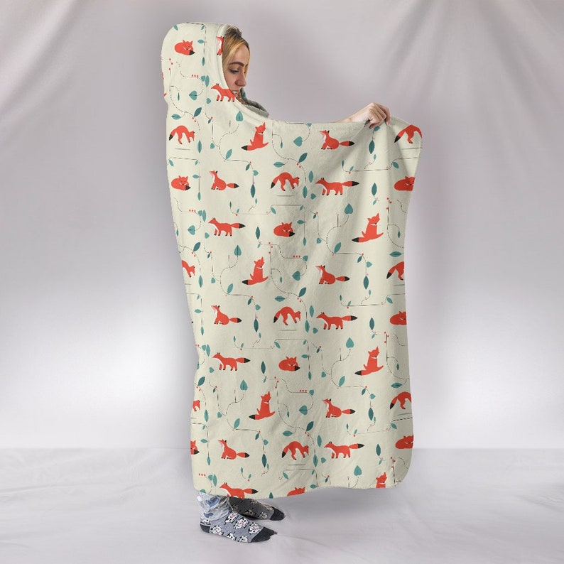 Kids Premium Sherpa Adult Playful Fox Hooded Blanket Plush