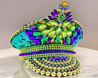 Teal, Purple, Gold Mardi Gras Rhinestone Hat, Jazz Fest Hat, Party Captain Hat, Sequin Festival Hat, Rave Hat, Birthday Hat, Custom Word Hat