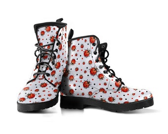 Ladybug Vegan Leather Lace Up Boots | All Season Boot | Handmade Crafted Combat Boot Lace Up Boot | Graphic Shoes, Artistic