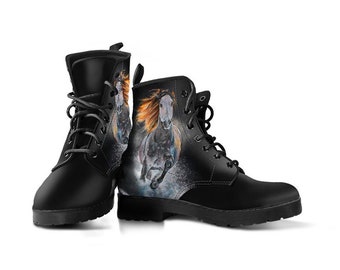 Running Stallion Vegan Leather Lace Up Boots | All Season Boot | Handmade Crafted Combat Boot Lace Up Boot | Graphic Shoes, Artistic