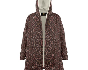 Classic Persian Carpet Cuddle Cloak | Red and Brown | Unisex Minky Hooded Coat, Festival Coat, Recycled Fabric & Eco-Friendly Ink