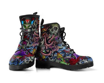 Deep Sea Octopus Skulls Vegan Leder Schnürstiefel | Ganzjahresstiefel | Handgefertigter Kampfstiefel Schnürstiefel | Grafische Schuhe, Künstlerisch