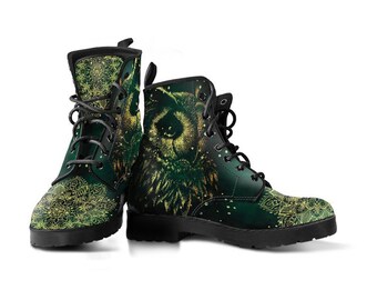 Waldgrüne Eule Vegan Leder Schnürstiefel | Ganzjahresstiefel | Handgefertigter Kampfstiefel Schnürstiefel | Grafische Schuhe, Künstlerisch