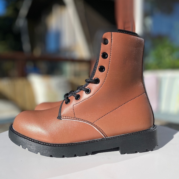 Coffee Brown Vegan Boots | All Season Boot | Handmade Crafted Combat Boot Lace Up Boot