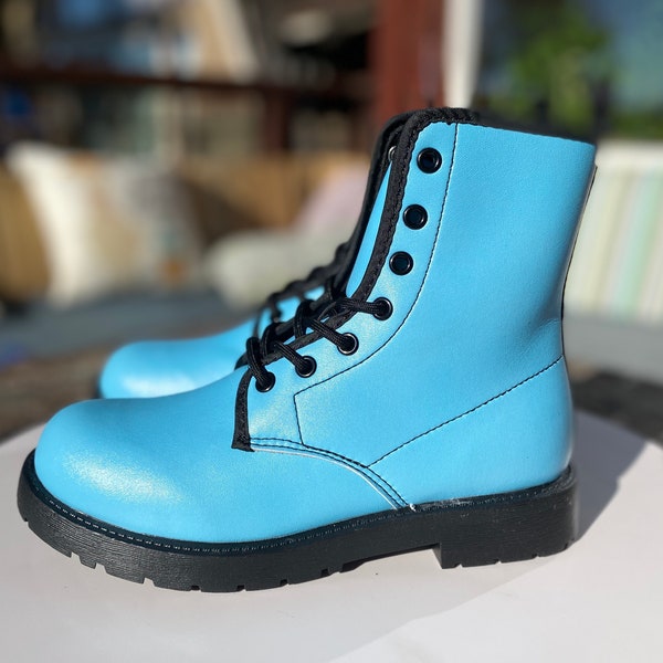 Robins Egg Blue Vegan Leather Lace Up Boots | All Season Combat Boot | Memory Foam Insole | Graphic Shoes, Artistic