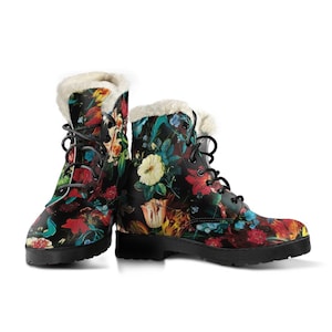 Flower Festival Vegan Leather Boots with Faux Fur Lining Winter Boots Custom Leather Boots, Handmade Crafted COMFY, GREAT TRACTION image 1