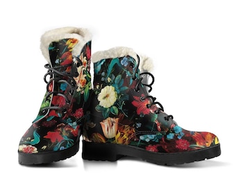 Flower Festival Vegan Leather Boots with Faux Fur Lining | Winter Boots | Custom Leather Boots, Handmade Crafted | COMFY, GREAT TRACTION