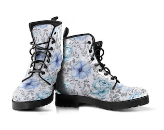 Winter Flowers Vegan Leather Lace Up Boots | All Season Boot | Handmade Crafted Combat Boot Lace Up Boot | Graphic Shoes, Artistic