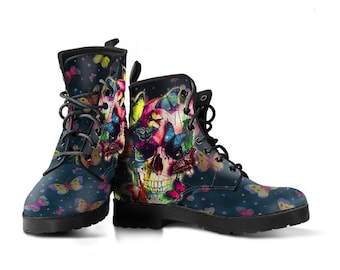 Butterfly Skull Vegan Leather Lace Up Boots | All Season Boot | Handmade Crafted Combat Boot Lace Up Boot | Graphic Shoes, Artistic