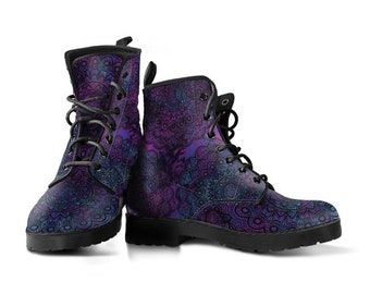 Purple Mandala Vegan Leather Lace Up Boots | All Season Boot | Handmade Crafted Combat Boot Lace Up Boot | Graphic Shoes, Artistic