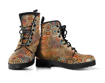 Mandala Oxford Vegan Leather Lace Up Boots | All Season Boot | Handmade Crafted Combat Boot Lace Up Boot | Graphic Shoes, Artistic