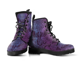 Purple Elephant Vegan Leather Lace Up Boots | All Season Boot | Handmade Crafted Combat Boot Lace Up Boot | Graphic Shoes, Artistic