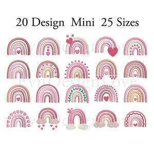 May include: A selection of 20 mini rainbow designs in pink, peach, and cream, each featuring a heart. The text "20 Design Mini 25 Sizes" is displayed. These designs are suitable for embroidery or digital crafts, ideal for various creative projects.