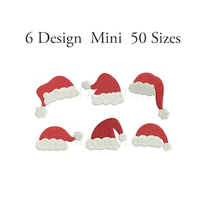 May include: Six different designs of mini Santa hats in red and white. The hats are in various positions, including upright, tilted, and sideways. The text "6 Design Mini 50 Sizes" is above the hats.