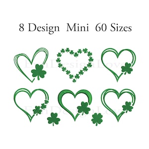 May include: Eight embroidery designs of hearts with shamrocks. The designs are in various styles, including a heart made of shamrocks, a heart with shamrocks around the edge, and a heart with shamrocks inside.  8 Design Mini 60 Sizes