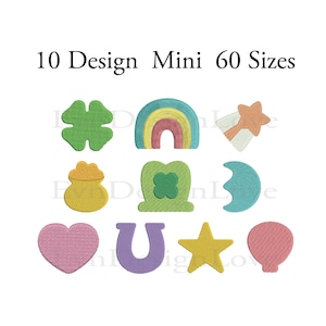 May include: Ten colorful mini embroidery designs, including a rainbow, a shamrock, a pot of gold, a horseshoe, a star, a heart, a moon, a leprechaun hat, and a balloon. The designs are all in a pastel color palette.