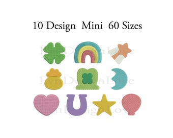 May include: Ten colorful mini embroidery designs, including a rainbow, a shamrock, a pot of gold, a horseshoe, a star, a heart, a moon, a leprechaun hat, and a balloon. The designs are all in a pastel color palette.