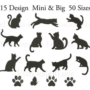 May include: A set of 15 black cat silhouette designs in 50 different sizes. The designs include cats in various poses, including sitting, jumping, and lying down. The designs are perfect for crafting, scrapbooking, and other creative projects.