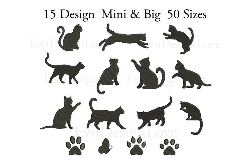 May include: A set of 15 black cat silhouette designs in 50 different sizes. The designs include cats in various poses, including sitting, jumping, and lying down. The designs are perfect for crafting, scrapbooking, and other creative projects.