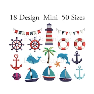 Op de afbeelding: Een verzameling nautische borduurontwerpen, waaronder ankers, zeilboten, een vuurtoren en reddingsboeien. De ontwerpen zijn in blauw, rood en wit, met de tekst "18 Design Mini 50 Sizes" bovenaan.