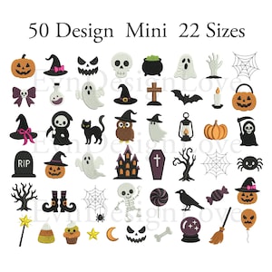 May include: A collection of 50 small Halloween-themed embroidery designs featuring pumpkins, ghosts, skulls, witches' hats, spiders, webs, bats, tombstones, and other seasonal icons. The text 50 Design Mini 22 Sizes is displayed at the top.