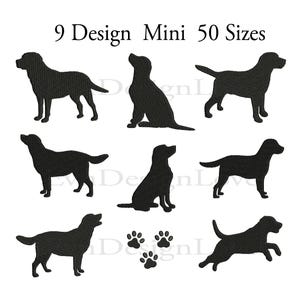 Pode incluir: Nove designs de silhueta preta de Labrador Retriever em v&aacute;rias poses, incluindo sentado, em p&eacute; e correndo. O texto "9 Design Mini 50 Sizes" est&aacute; na parte superior da imagem.