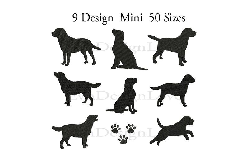 Pode incluir: Nove designs de silhueta preta de Labrador Retriever em v&aacute;rias poses, incluindo sentado, em p&eacute; e correndo. O texto "9 Design Mini 50 Sizes" est&aacute; na parte superior da imagem.
