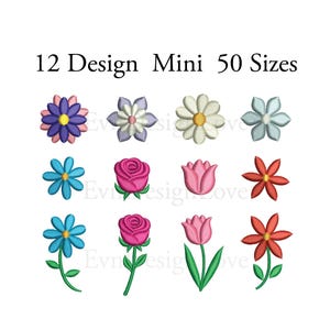 Puede incluir: Doce diseños de bordado de varias flores, incluyendo margaritas, rosas y tulipanes, en una variedad de colores. Los diseños están etiquetados como "12 Design Mini 50 Sizes".