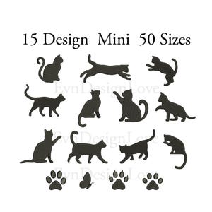May include: A set of 15 black cat silhouette designs in 50 different sizes. The designs include cats in various poses, including sitting, standing, and jumping. There are also paw prints and a butterfly included in the set.