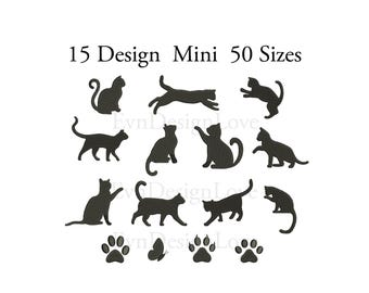 May include: A set of 15 black cat silhouette designs in 50 different sizes. The designs include cats in various poses, including sitting, standing, and jumping. There are also paw prints and a butterfly included in the set.