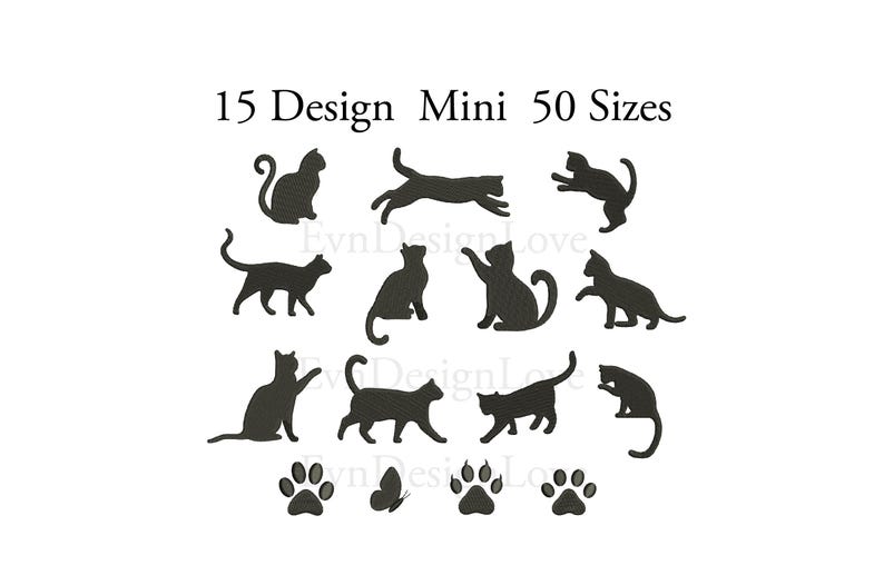 May include: A set of 15 black cat silhouette designs in 50 different sizes. The designs include cats in various poses, including sitting, standing, and jumping. There are also paw prints and a butterfly included in the set.