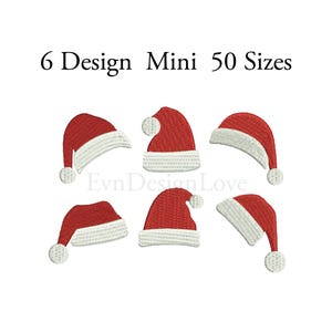 Puede incluir: Seis diseños diferentes de mini gorros de Papá Noel en rojo y blanco. Los gorros están en varias posiciones, algunos están inclinados y otros están rectos. El texto "6 Design Mini 50 Sizes" está en la parte superior de la imagen.
