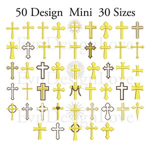 May include: A collection of 50 distinct cross designs arranged in a grid, labeled 50 Design Mini 30 Sizes. The crosses are rendered in various styles, including gold-toned, outlined, and embellished versions, showcasing diverse shapes and patterns.