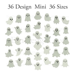 Puede incluir: Una colección de 36 pequeñas figuras de fantasmas de color gris claro dispuestas en una cuadrícula, cada una con una expresión facial única con ojos y bocas negros. El texto 36 Design Mini 36 Sizes está impreso en negro arriba.