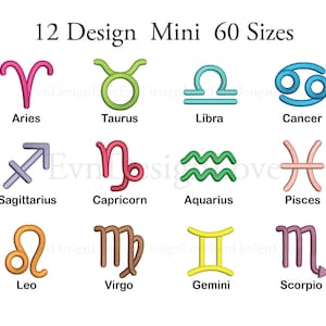 May include: A white background displays 12 colorful zodiac symbols with their names. The signs include Aries, Taurus, Gemini, Cancer, Leo, Virgo, Libra, Scorpio, Sagittarius, Capricorn, Aquarius, and Pisces. Text at the top reads "12 Design Mini 60 Sizes."