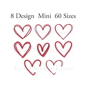 Set Mini Herz Stickerei, Set Herz Umriss Stickerei, Mini Herz Maschinenstickerei, Mini Valentinstag Stickerei, 8 Design Herzstickerei, 60 Größen