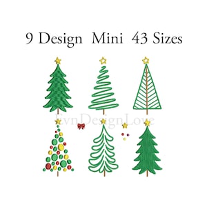 Pode incluir: Nove designs diferentes de árvores de Natal com uma estrela no topo. As árvores são verdes e têm uma variedade de estilos. O texto "9 Design Mini 43 Sizes" está no topo da imagem.
