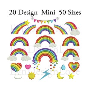 May include: A collection of colorful rainbow designs, including arches, clouds, hearts, and stars. The image includes the text "20 Design Mini 50 Sizes" at the top. These designs are suitable for various craft projects.